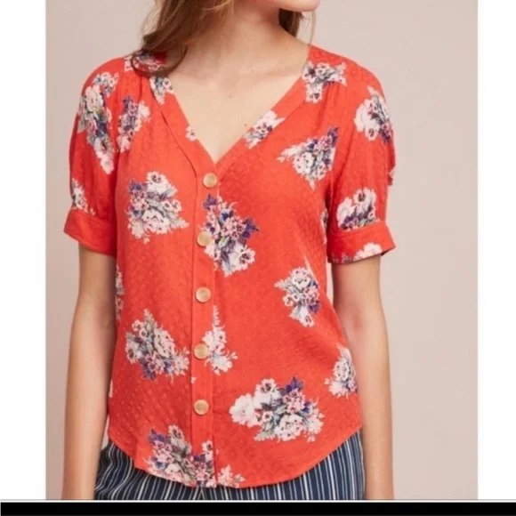 Maeve by Anthropologie Orange Floral Blouse Size 6 - Picture 2 of 9